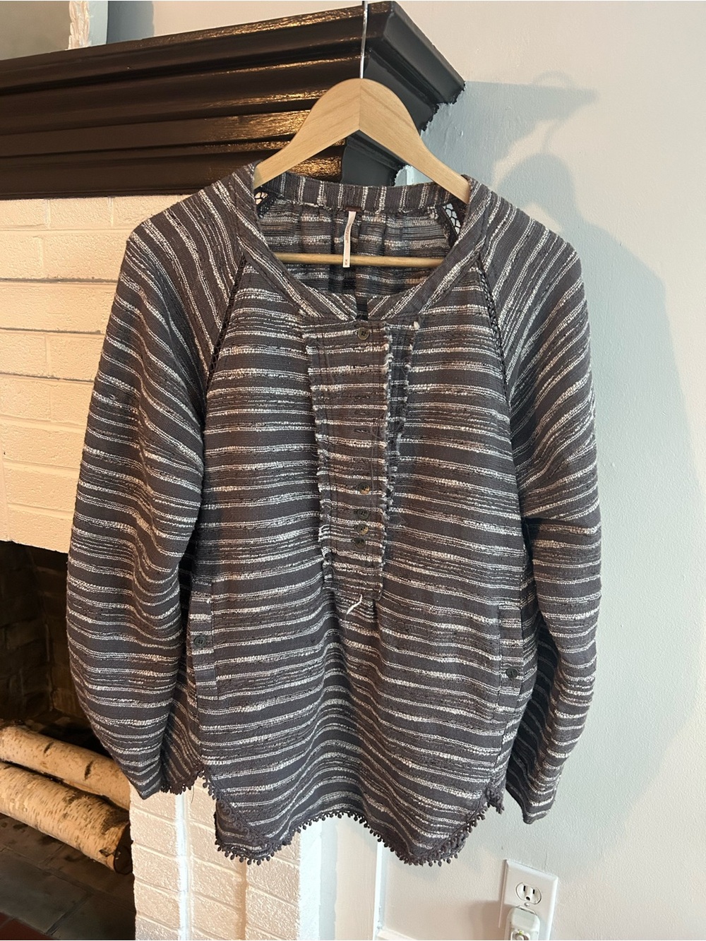 Free People Striped Popover Gray and White Blouse Size M